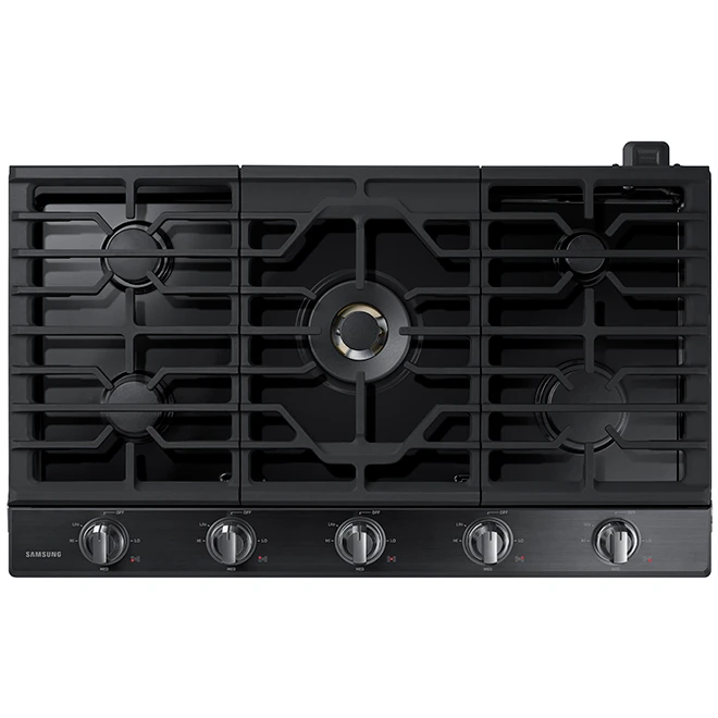 Surface De Cuisson Au Gaz Samsung, 59 000 BTU, 5 Brûleurs, 36 Po, Acier Inoxydable Noir 1 Surface De Cuisson Au Gaz Samsung, 59 000 BTU, 5 Brûleurs, 36 Po, Acier Inoxydable Noir