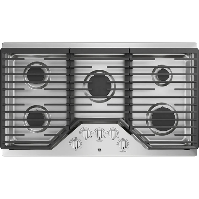 Surface De Cuisson Au Gaz GE, 5 Brûleurs, 36 Po, 15 000 BTU, Acier Acier 1 Surface De Cuisson Au Gaz GE, 5 Brûleurs, 36 Po, 15 000 BTU, Acier Acier