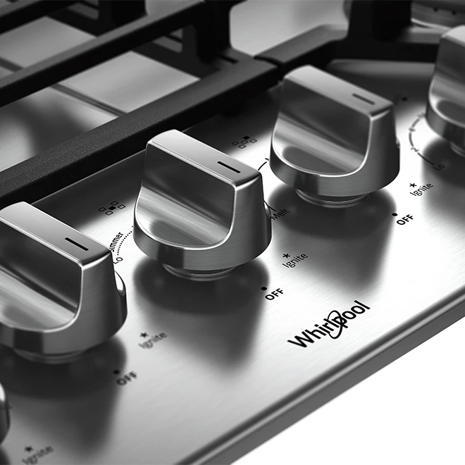 Surface De Cuisson Au Gaz Whirlpool, 5 Brûleurs, 36 Po, 18 000 BTU, Acier Inoxydable 2 Surface De Cuisson Au Gaz Whirlpool, 5 Brûleurs, 36 Po, 18 000 BTU, Acier Inoxydable – Image 2