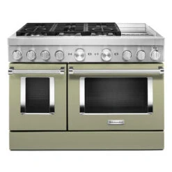 Cuisinière Biénergie Autoportante KitchenAid, Surface De Cuisson En Acier émaillé, Crème D'avocat, 48 Po, 6,3 Pi³