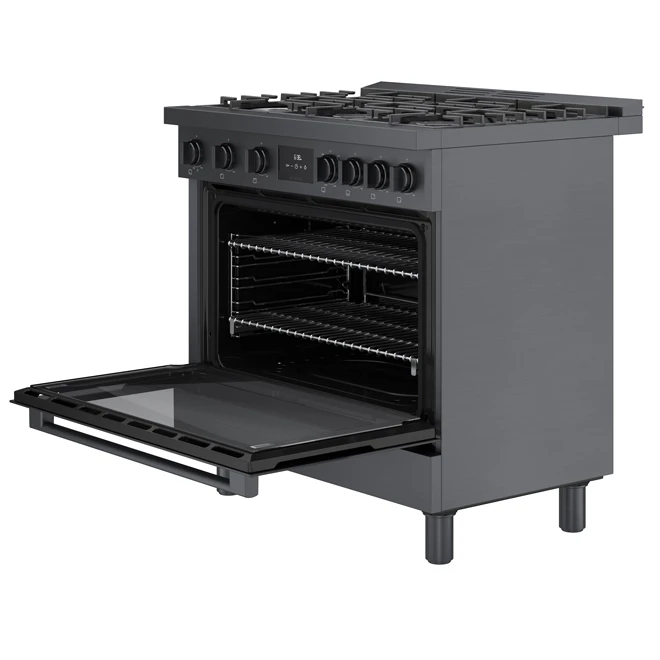 Cuisinière Autoportante Biénergie Bosch, Série 800, 6 Brûleurs, 36 Po, Acier Inoxydable Noir 2 Cuisinière Autoportante Biénergie Bosch, Série 800, 6 Brûleurs, 36 Po, Acier Inoxydable Noir – Image 2