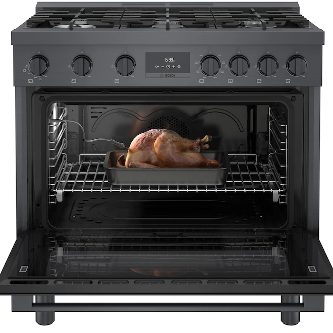 Cuisinière Autoportante Biénergie Bosch, Série 800, 6 Brûleurs, 36 Po, Acier Inoxydable Noir 3 Cuisinière Autoportante Biénergie Bosch, Série 800, 6 Brûleurs, 36 Po, Acier Inoxydable Noir – Image 3
