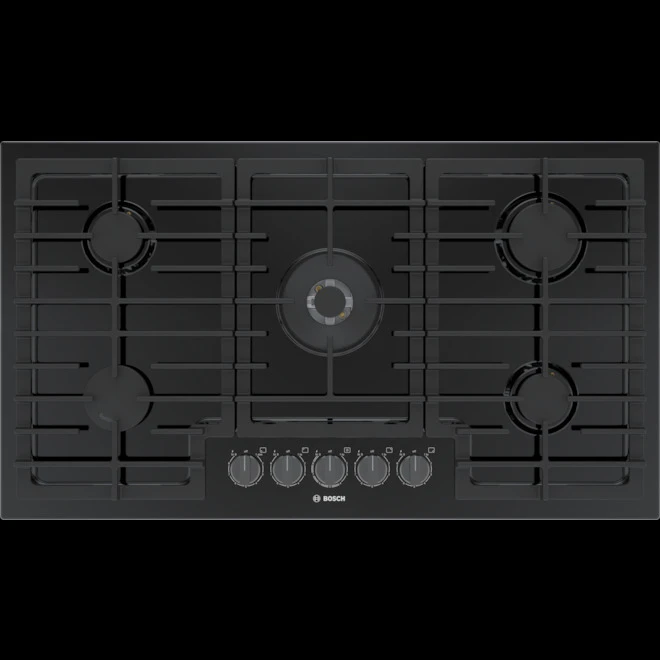 Surface De Cuisson à Gaz Noire à 5 Brûleurs Bosch, Gamme 800, 36 Po 1 Surface De Cuisson à Gaz Noire à 5 Brûleurs Bosch, Gamme 800, 36 Po