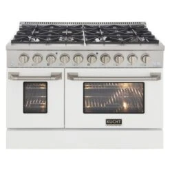Cuisinière Au Gaz Naturel Avec 8 Brûleurs Et Four à Convection, Blanche Et Acier Inoxydable, 48 Po