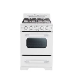 Cuisinière à Gaz Autoportante Blanc Guimauve Classic Retro Par Unique De 24 po Et 2,9 pi³ à 4 brûleurs Avec Four à Conv