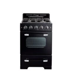 Cuisinière à Gaz Autoportante Noir Classic Retro Par Unique De 24 po Et 2,9 pi³ à 4 brûleurs Avec Four à Convection
